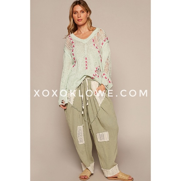 POL Lime Green Hot Pink Cross Stitch V Neck Loose Knit Thin Sweater Relaxed Fit - Picture 7 of 9